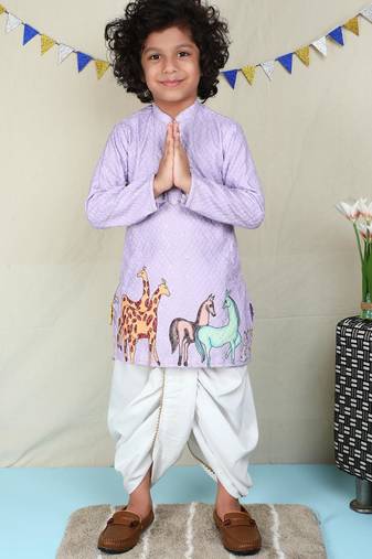 Lavender cotton woven dhoti kurta for boys