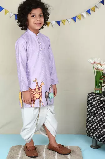 Lavender cotton woven dhoti kurta for boys