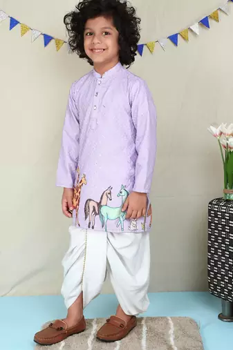Lavender cotton woven dhoti kurta for boys