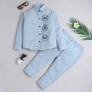 Blue cotton woven shirt and pant set for boys 1