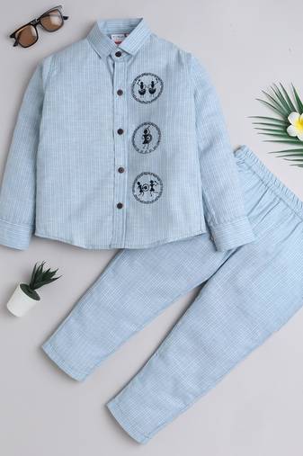Blue cotton woven shirt and pant set for boys
