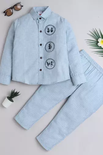 Blue cotton woven shirt and pant set for boys