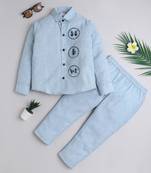 Blue cotton woven shirt and pant set for boys