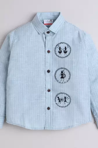 Blue cotton woven shirt and pant set for boys