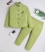Green cotton woven shirt and pant set for boys