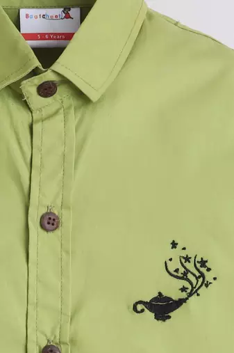 Green cotton woven shirt and pant set for boys