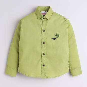 Green cotton woven shirt and pant set for boys 5