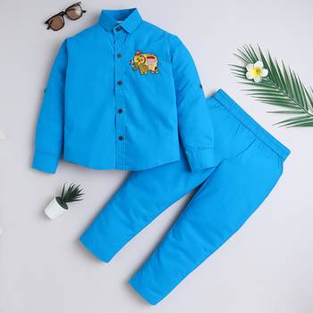 Blue cotton woven shirt and pant set for boys 1