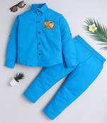 Blue cotton woven shirt and pant set for boys