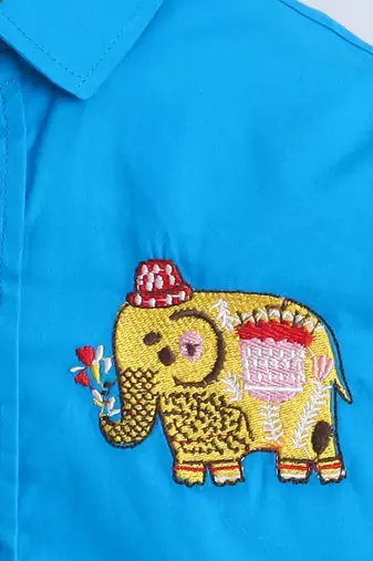 Blue cotton woven shirt and pant set for boys
