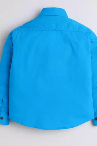 Blue cotton woven shirt and pant set for boys