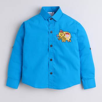 Blue cotton woven shirt and pant set for boys 5