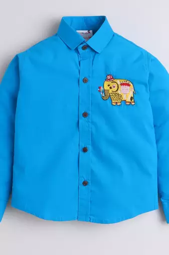 Blue cotton woven shirt and pant set for boys