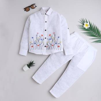 White cotton woven shirt and pant set for boys 1