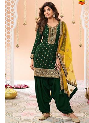 latest green silk patial suit with contrast dupatta for women 1