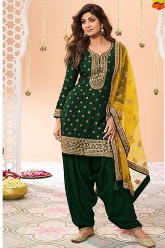 latest green silk patial suit with contrast dupatta for women