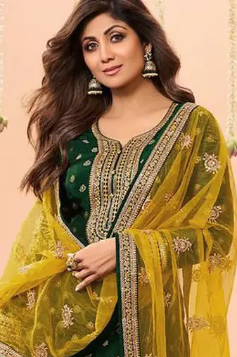 latest green silk patial suit with contrast dupatta for women