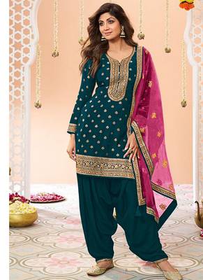 latest teal silk patial suit with contrast dupatta for women 1