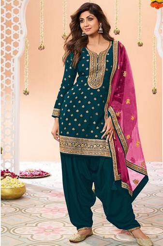 latest teal silk patial suit with contrast dupatta for women