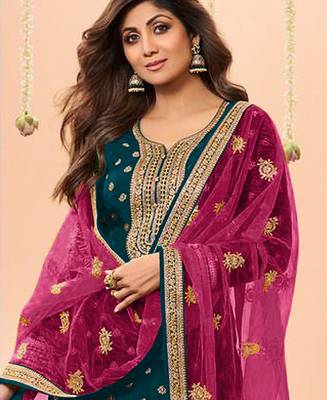 latest teal silk patial suit with contrast dupatta for women 2