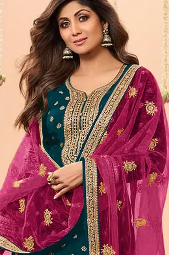 latest teal silk patial suit with contrast dupatta for women