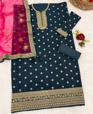 latest teal silk patial suit with contrast dupatta for women 3