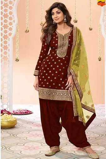 latest maroon silk patial suit with contrast dupatta for women