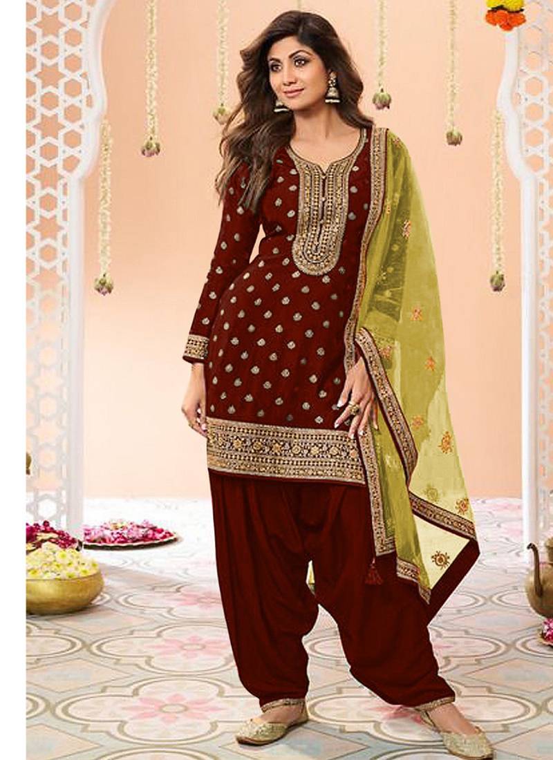latest maroon silk patial suit with contrast dupatta for women