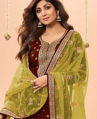 latest maroon silk patial suit with contrast dupatta for women 2
