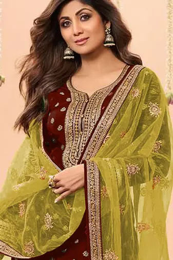 latest maroon silk patial suit with contrast dupatta for women