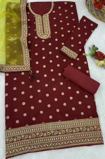 latest maroon silk patial suit with contrast dupatta for women