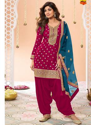 latest rani pink silk patial suit with contrast dupatta for women 1