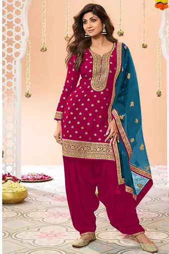 latest rani pink silk patial suit with contrast dupatta for women