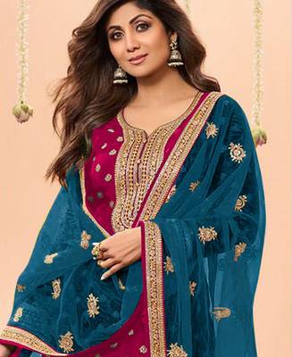 latest rani pink silk patial suit with contrast dupatta for women 2