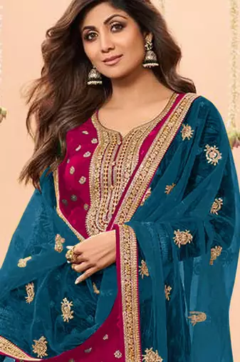 latest rani pink silk patial suit with contrast dupatta for women
