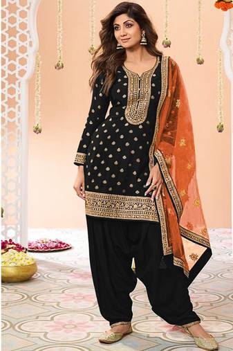 latest black silk patial suit with contrast dupatta for women