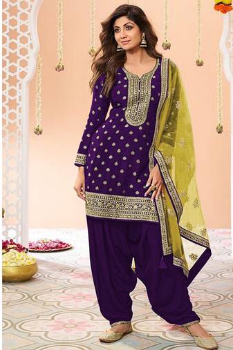 latest purple silk patial suit with contrast dupatta for women
