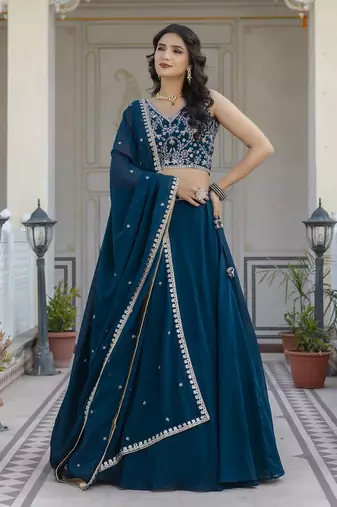 Trendmalls Georgette Plain Lehenga with Embroidery work Choli Dupatta Set SemiStitch