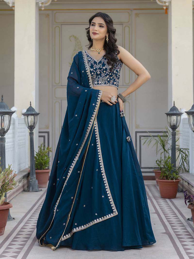 Trendmalls Georgette Plain Lehenga with Embroidery work Choli Dupatta Set SemiStitch