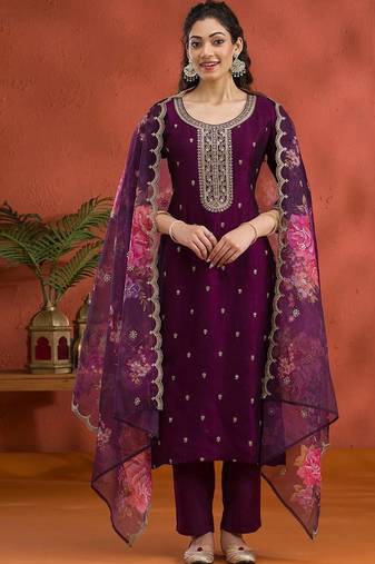 new wine vichitra silk based long suit for women summer wear