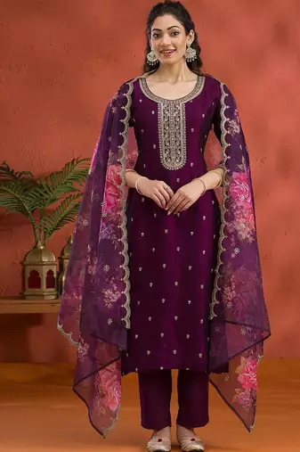 new wine vichitra silk based long suit for women summer wear