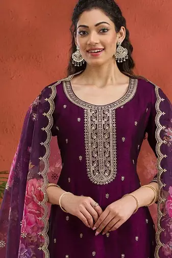 new wine vichitra silk based long suit for women summer wear