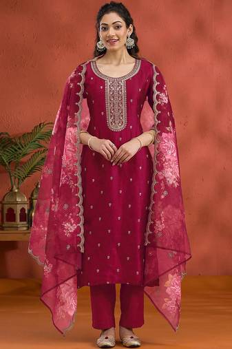 new pink vichitra silk based long suit for women summer wear