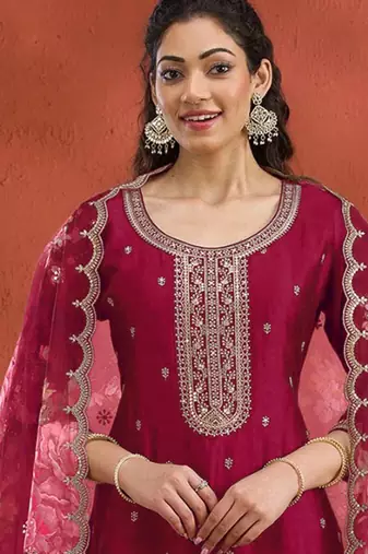 new pink vichitra silk based long suit for women summer wear
