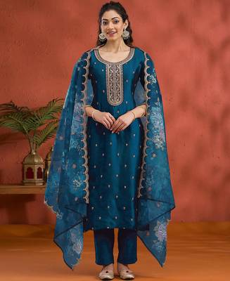 new blue vichitra silk based long suit for women summer wear 1