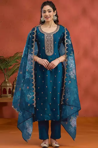 new blue vichitra silk based long suit for women summer wear