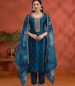 new blue vichitra silk based long suit for women summer wear