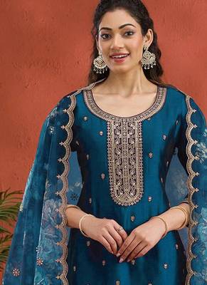 new blue vichitra silk based long suit for women summer wear 2