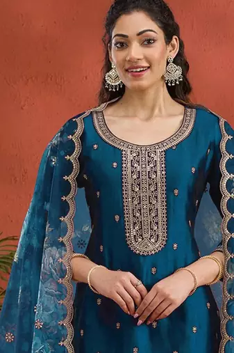 new blue vichitra silk based long suit for women summer wear