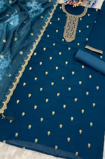 new blue vichitra silk based long suit for women summer wear